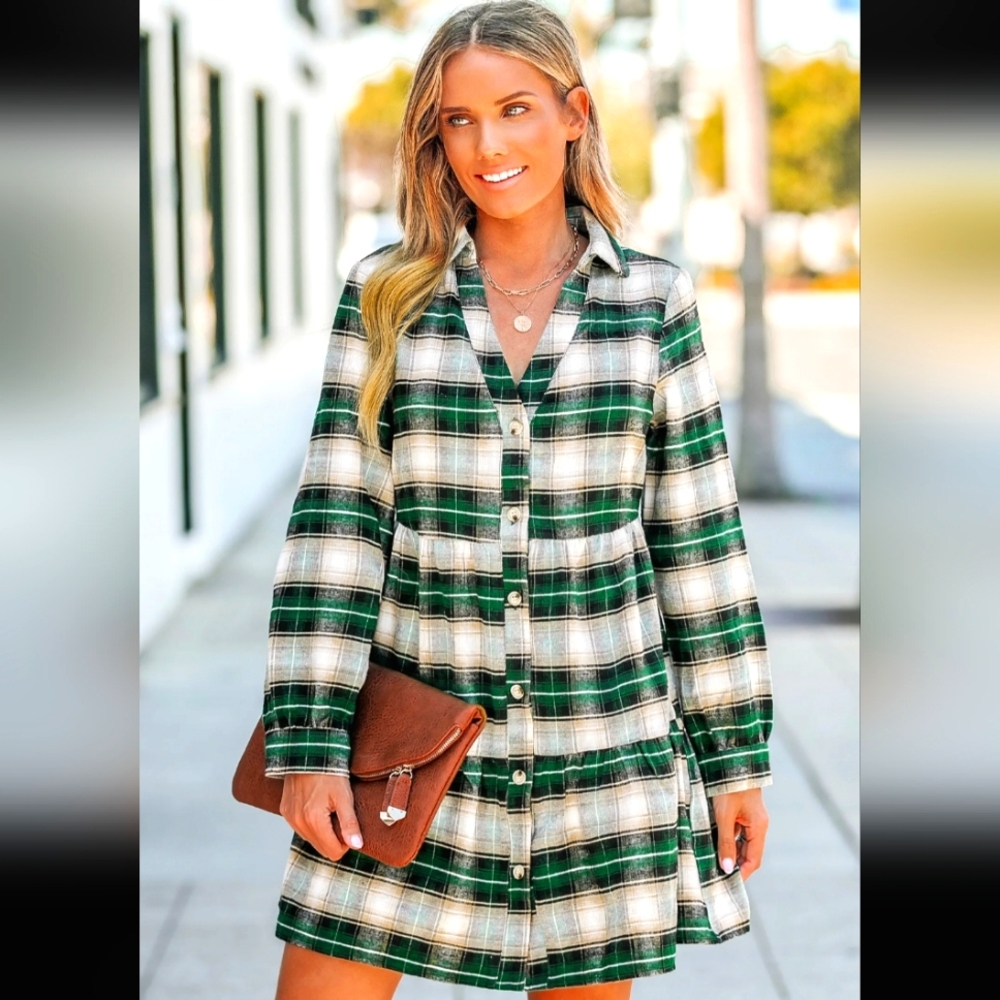 Plaid v-neck mini shirt dress